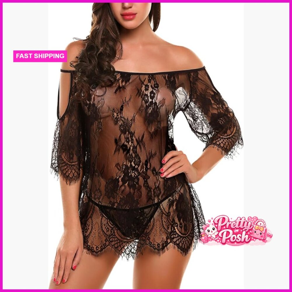 Ruffle Lace Babydoll Lingerie Dress Short Sleeve Sheer Nightgown Set with Thong